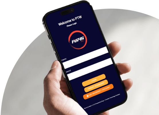 Hand holding a mobile phone with the PiSYS App showing